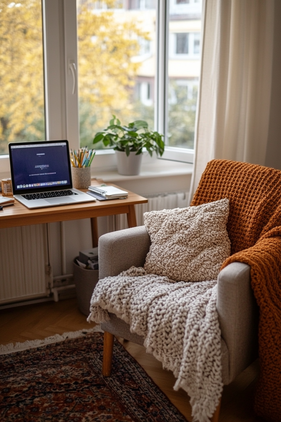 Home office with cozy textiles