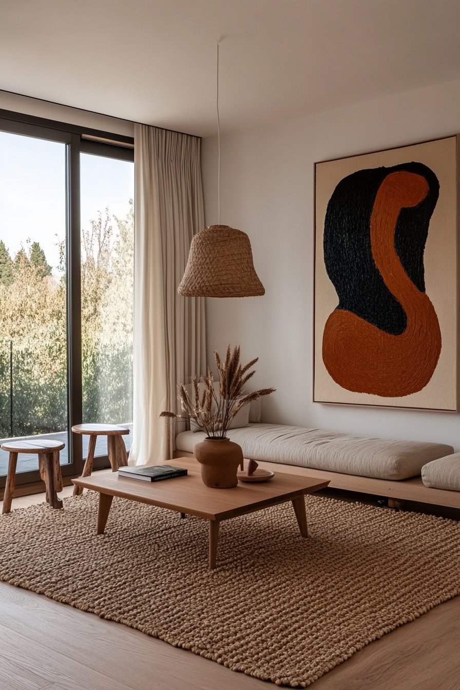 Modern minimalist living room with neutral furniture
