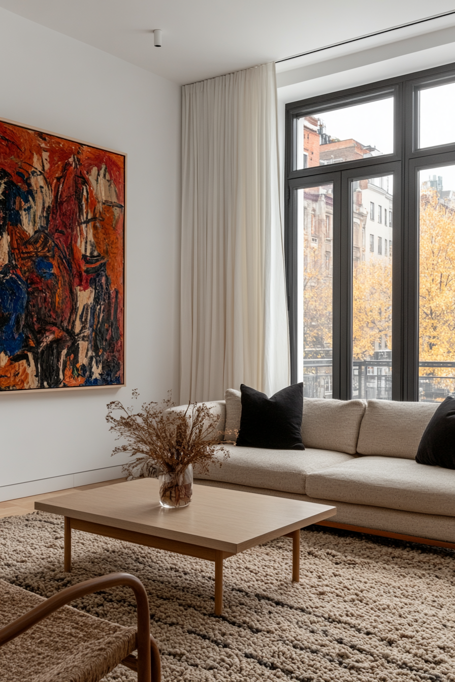 Modern minimalist living room with neutral furniture