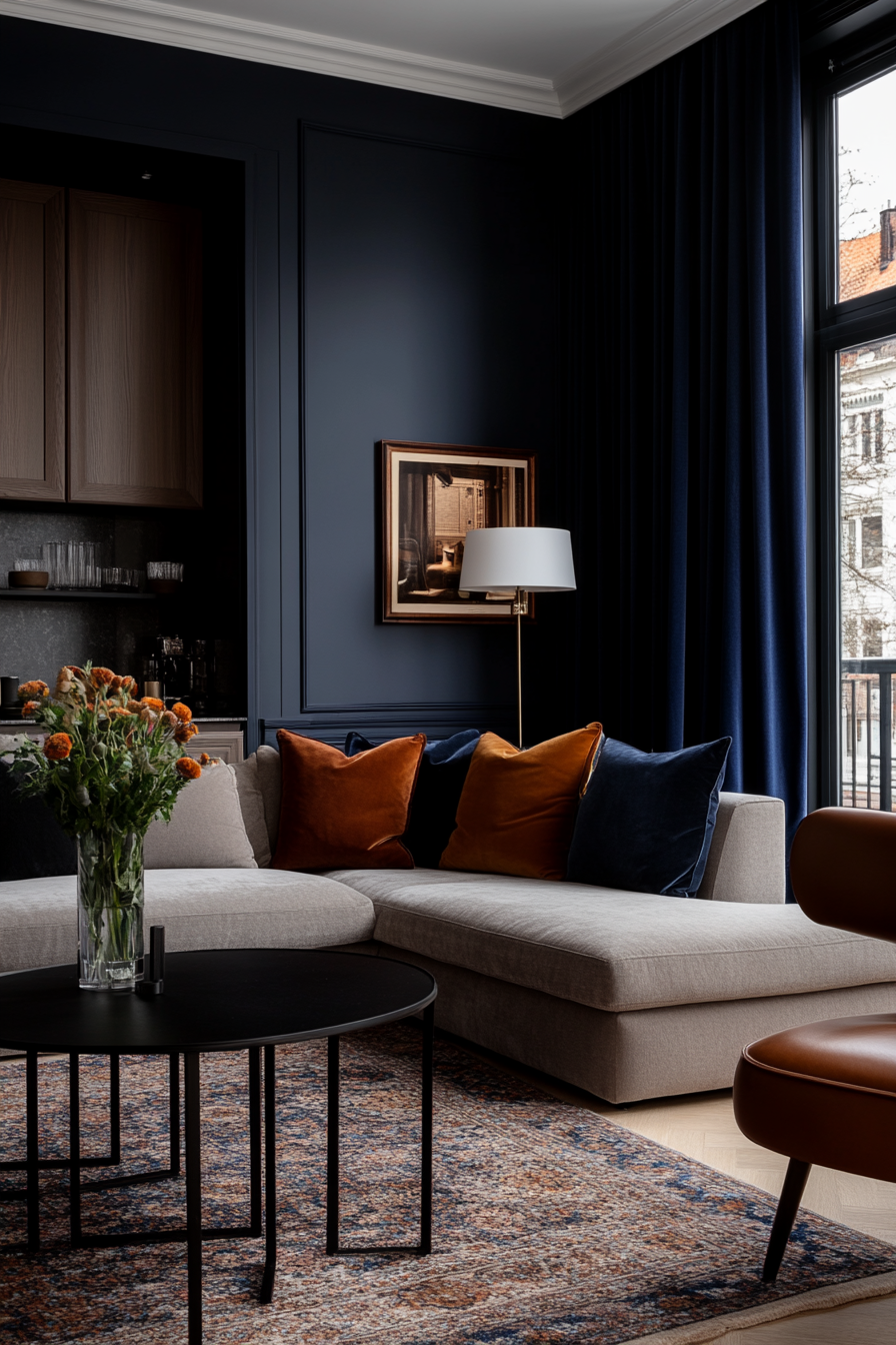 Moody living room with deep, rich colors