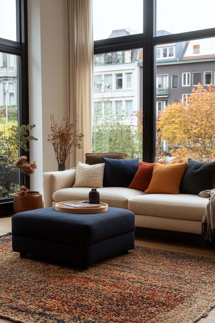 Comfortable living room with plush sofa and throw pillows