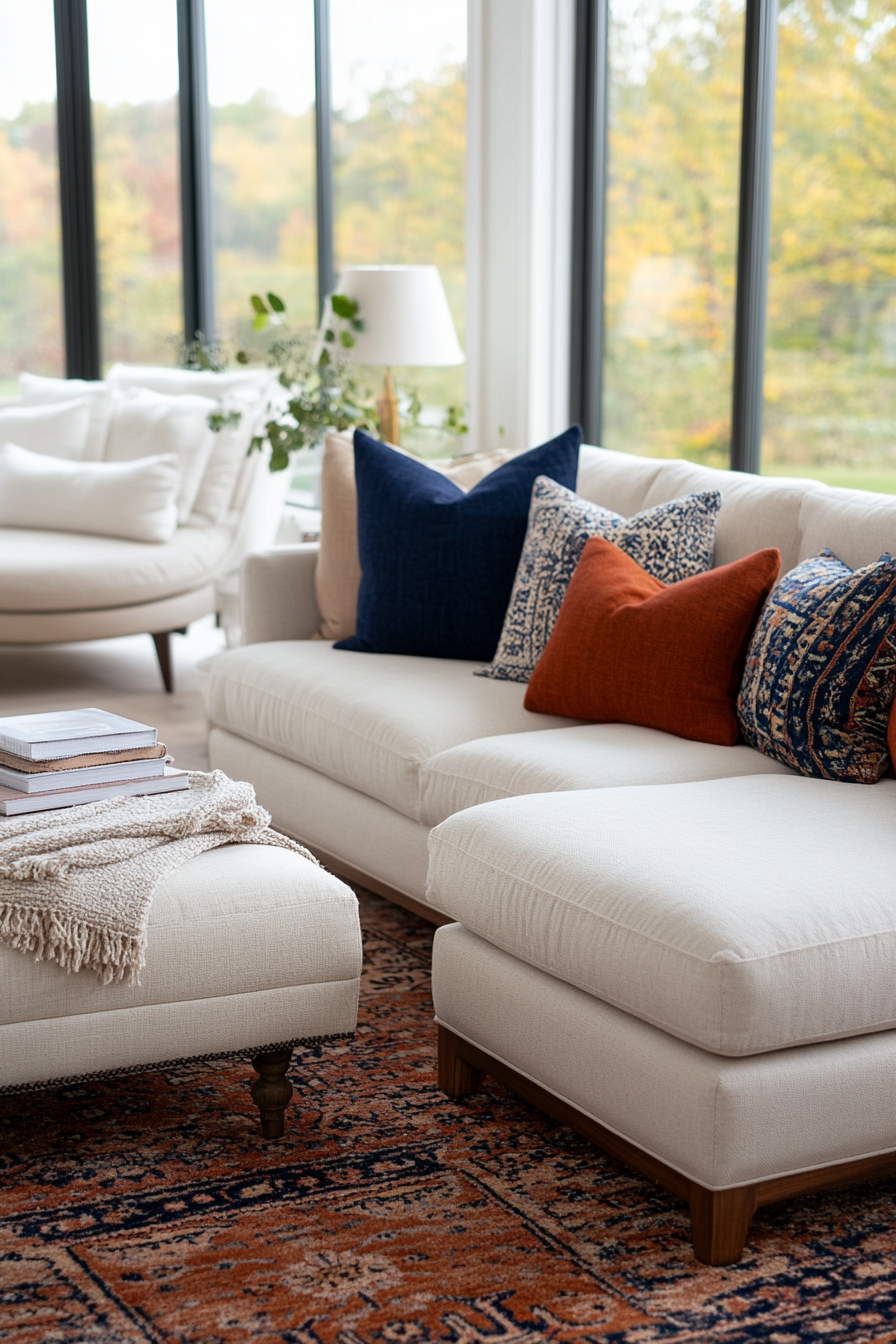 Comfortable living room with plush sofa and throw pillows