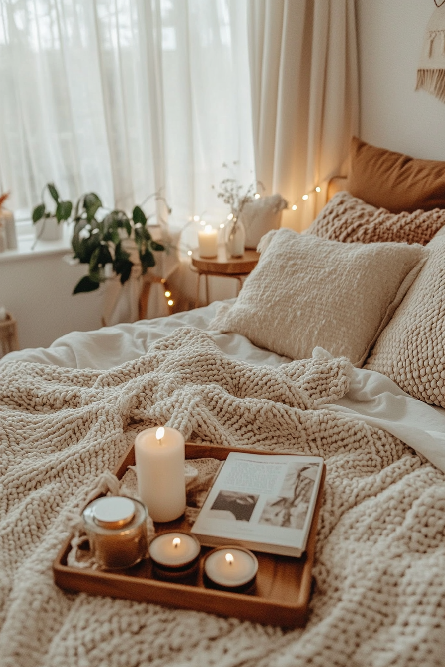 Soft, plush textiles and ambient lighting