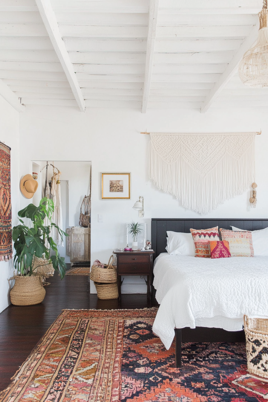 White walls with dark and colorful boho decor