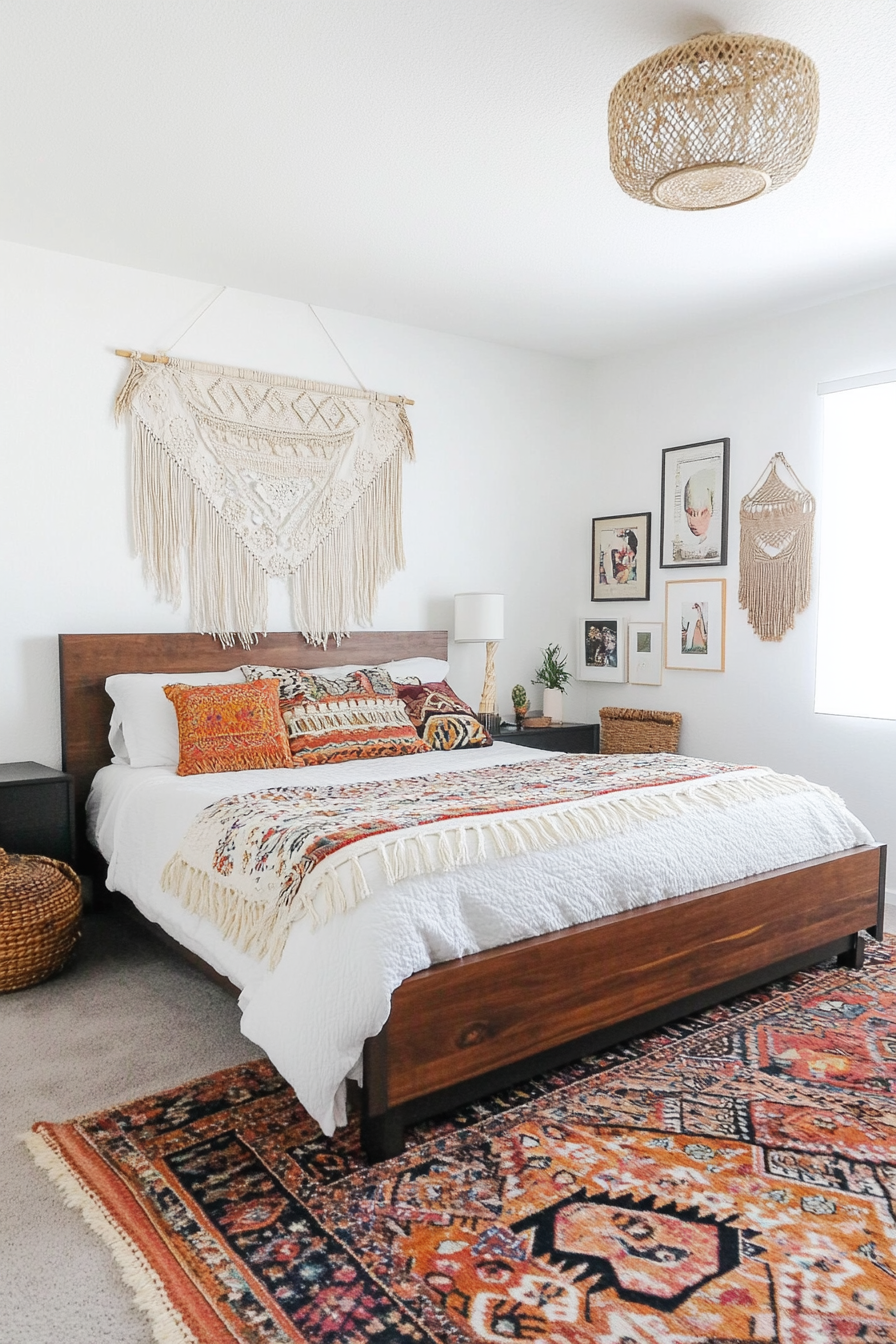 White walls with dark and colorful boho decor