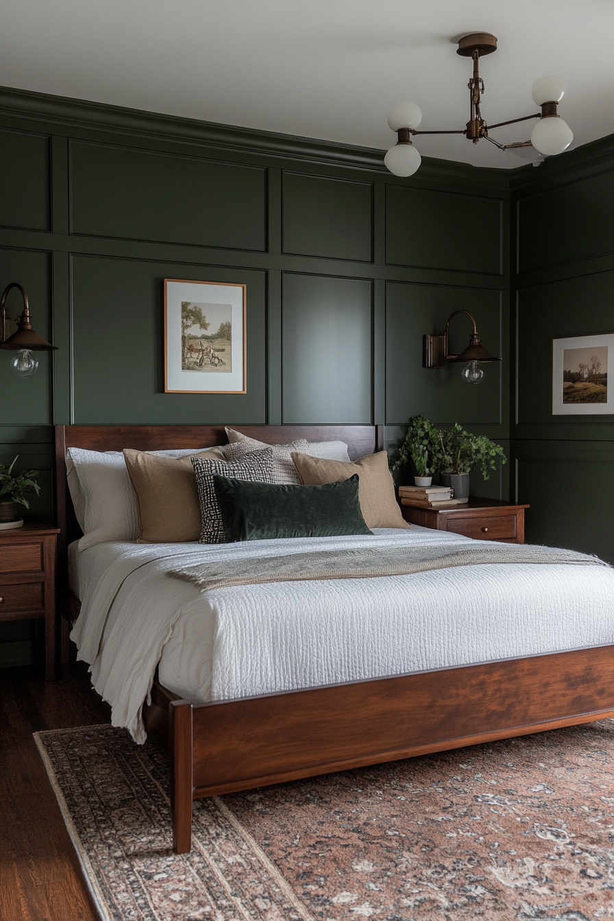Deep tones like dark green and rich brown