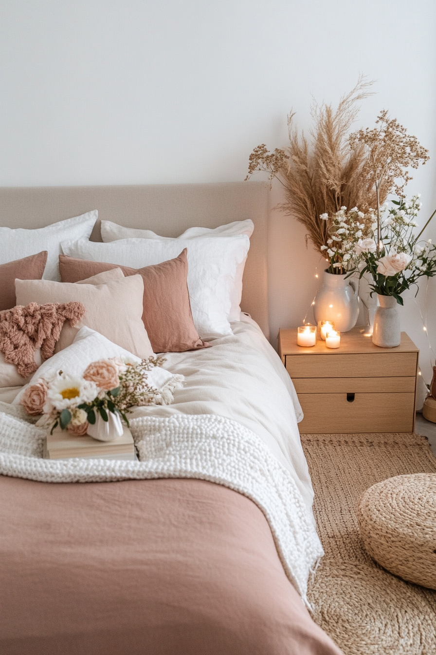Soft tones like blush, cream, and taupe