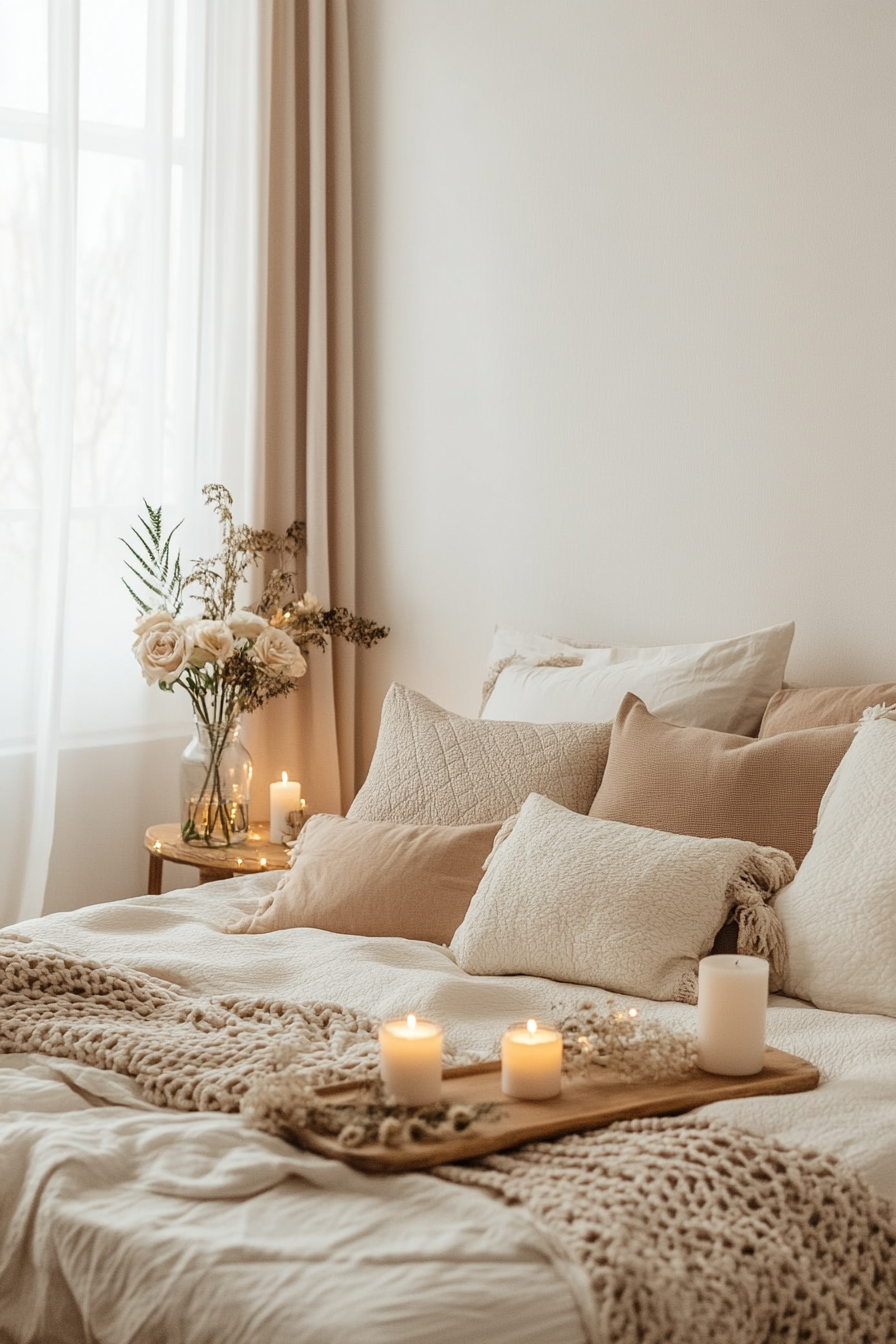 Soft tones like blush, cream, and taupe