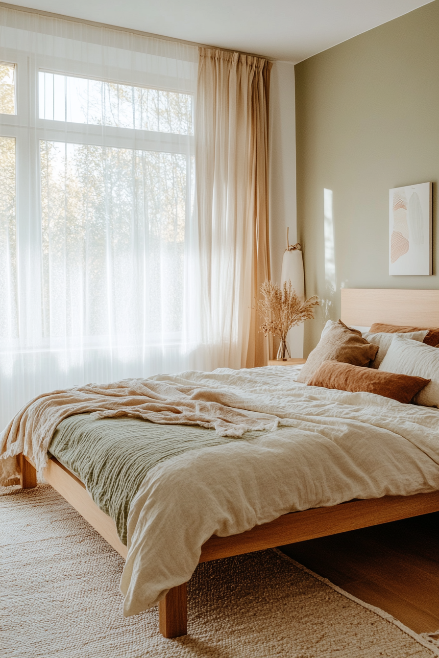 Earth tones like warm browns, soft greens, and muted tans