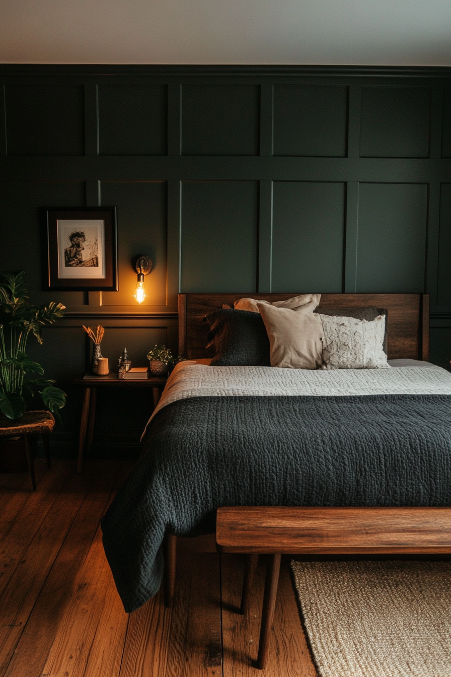 Deep tones like charcoal, forest green, and espresso