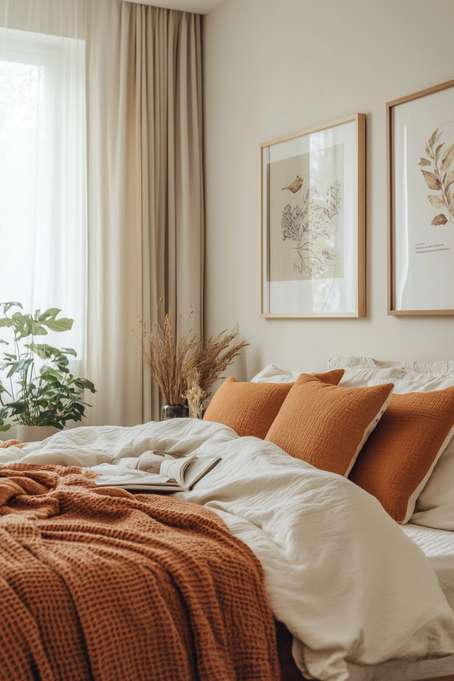 Warm browns, soft whites, and muted oranges