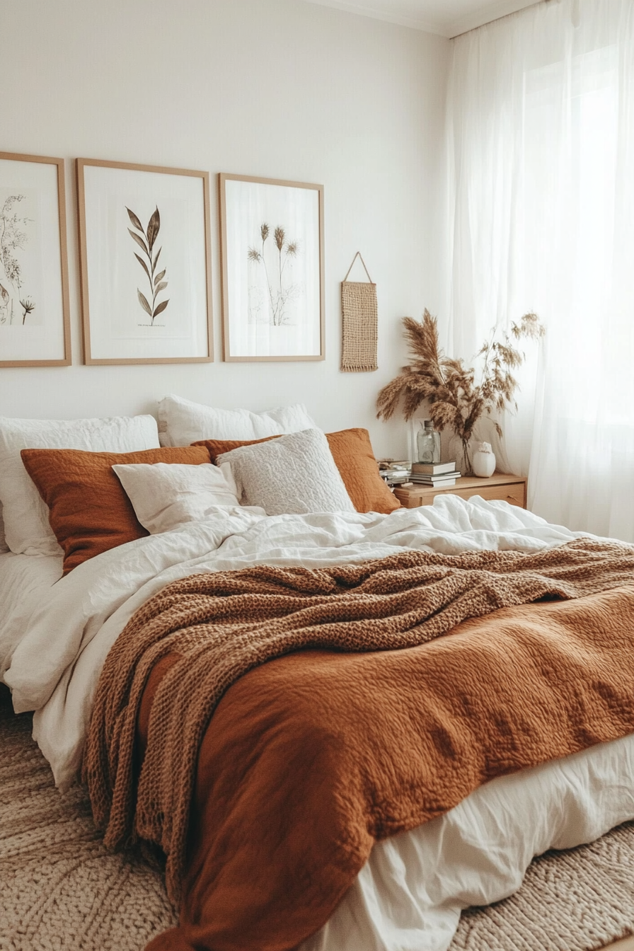 Warm browns, soft whites, and muted oranges
