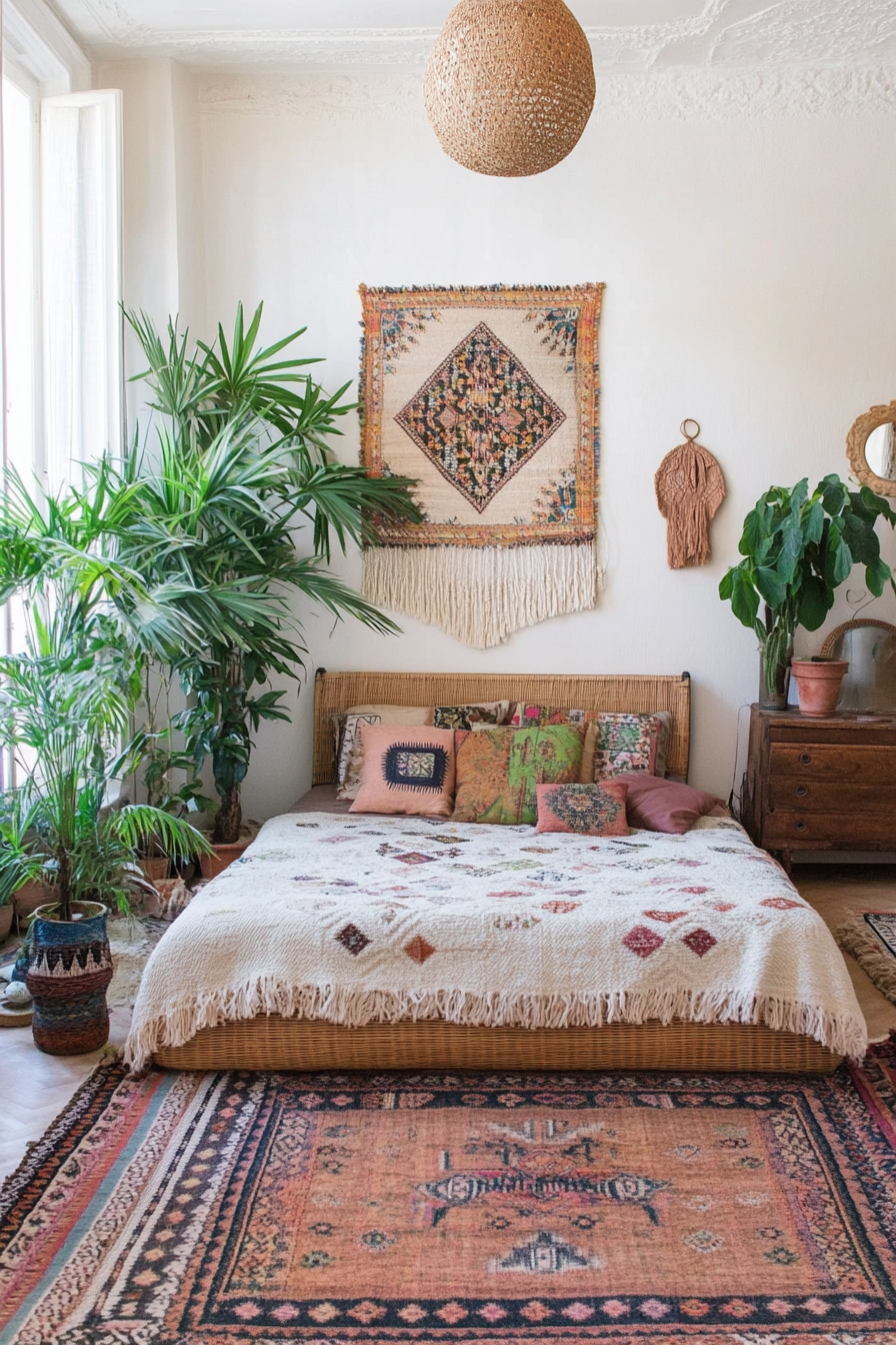 Neutral base with colorful, patterned textiles