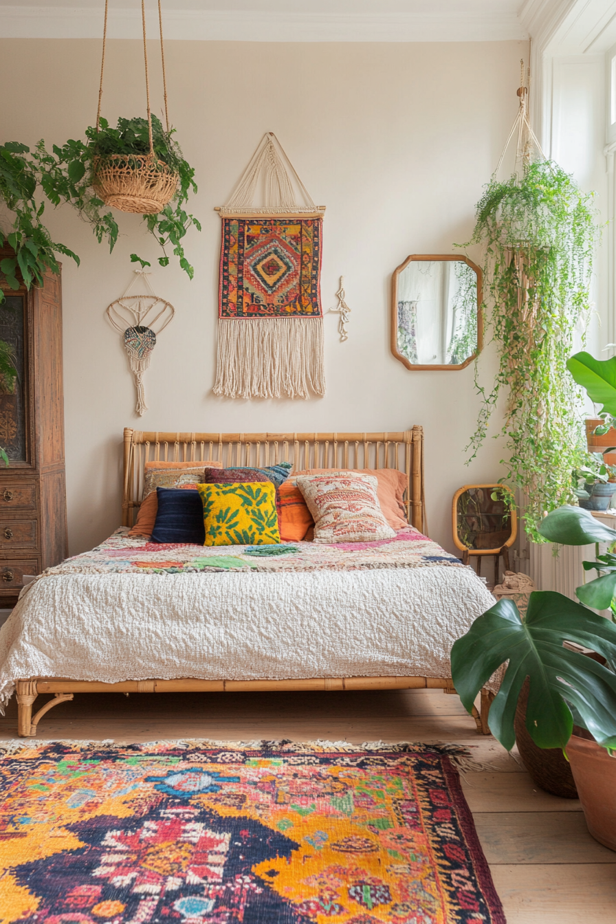 Neutral base with colorful, patterned textiles