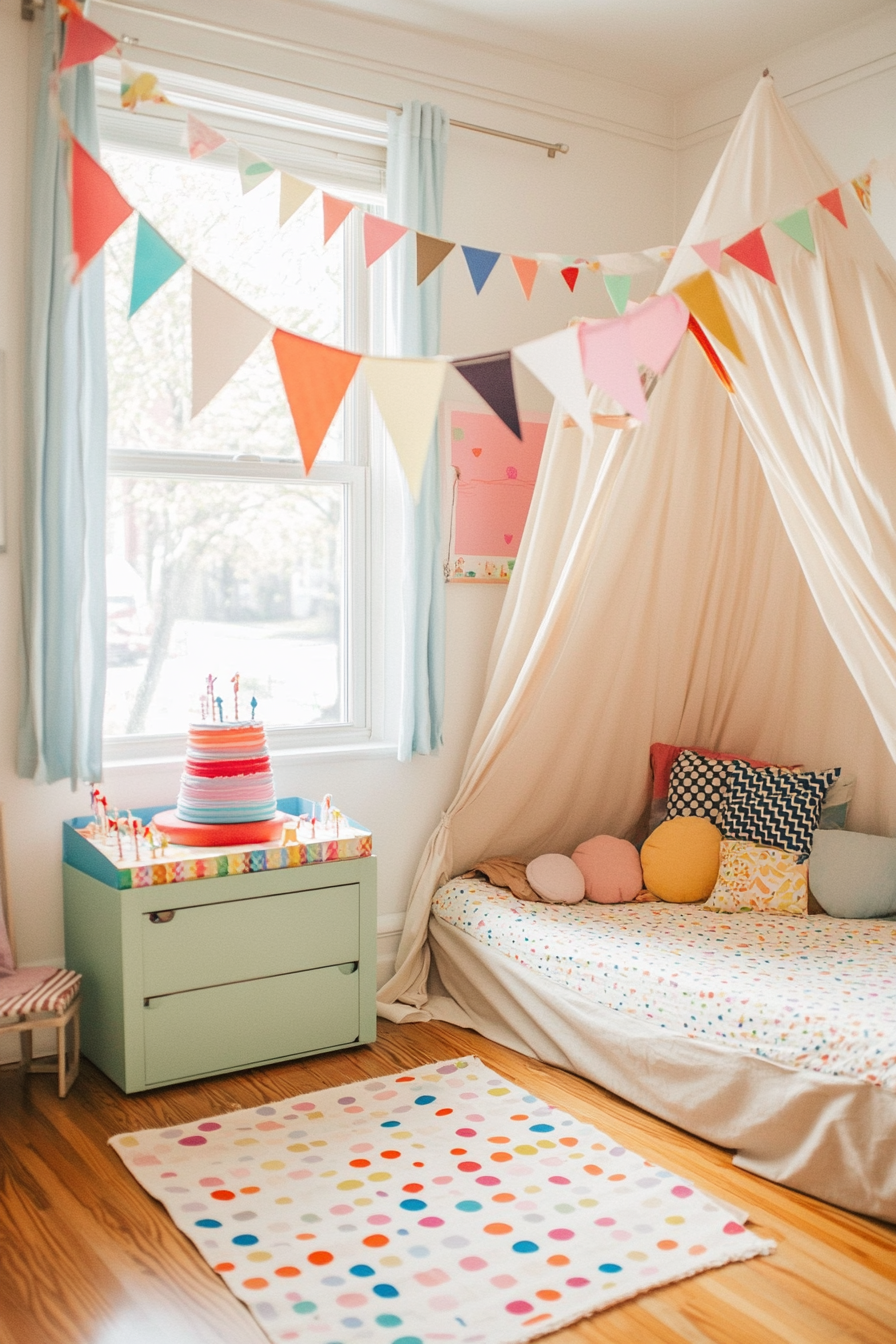 Birthday-themed kids' room with pastel colors and festive decorations