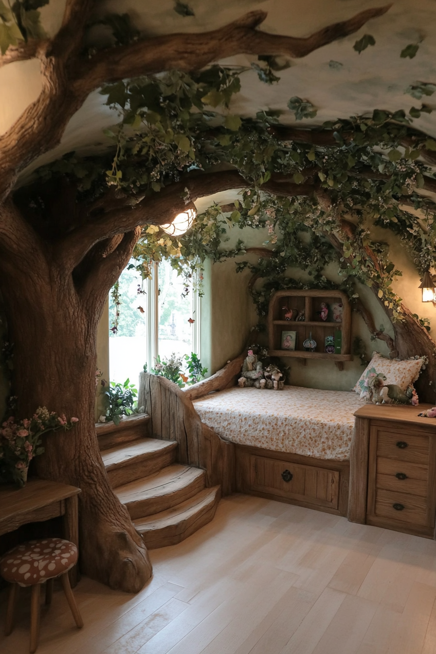 Fairy tale forest-themed kids' room with green and brown decor