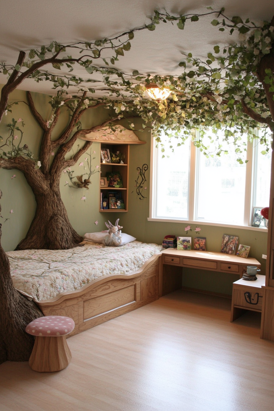 Fairy tale forest-themed kids' room with green and brown decor