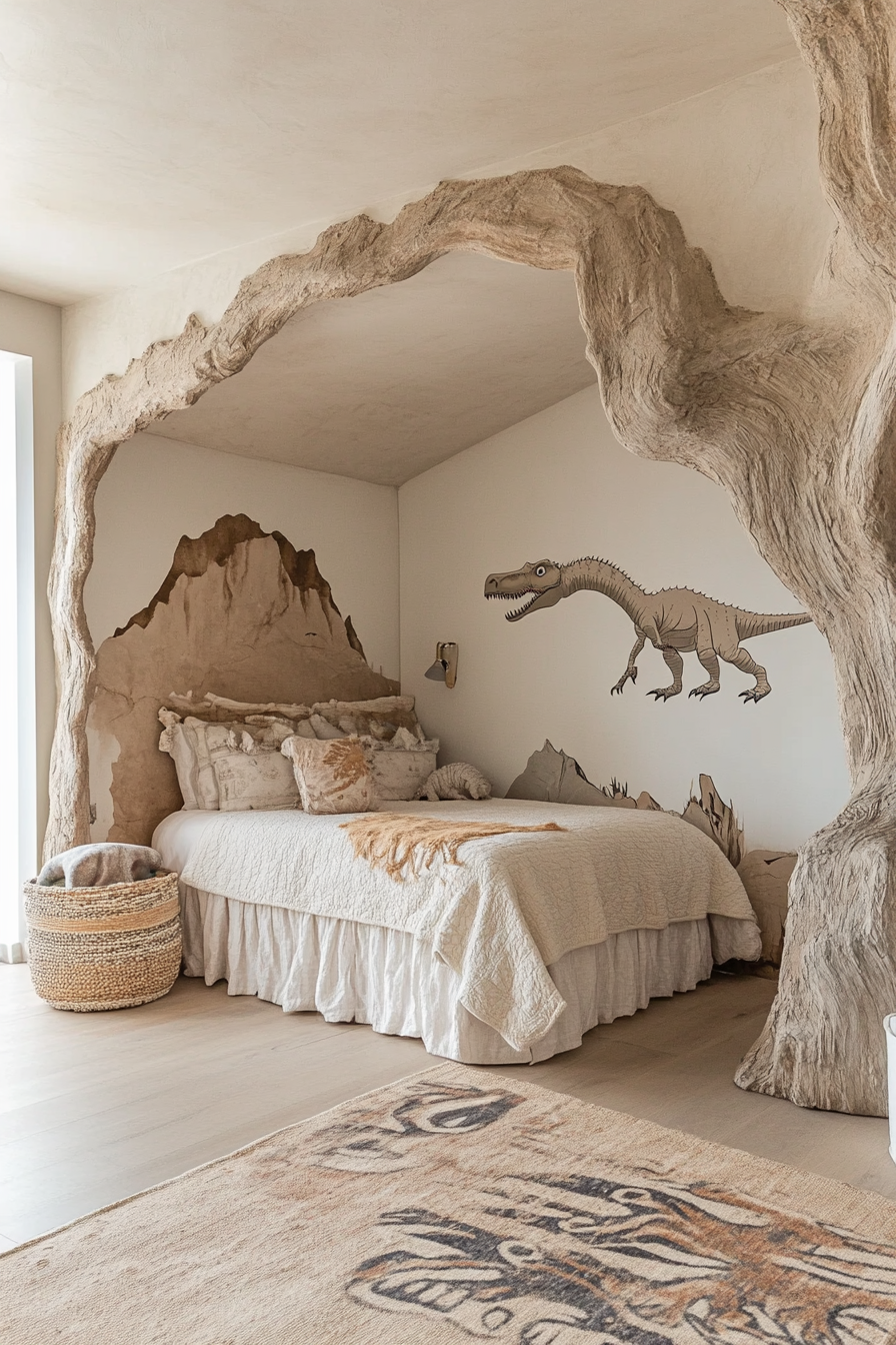 Dinosaur-themed kids' room with earthy tones and fossil patterns