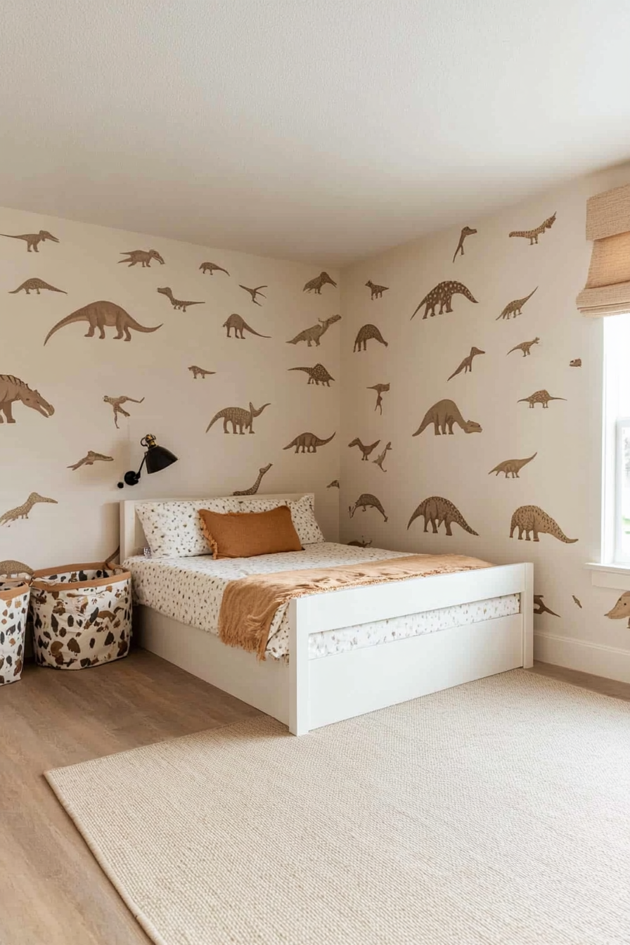Dinosaur-themed kids' room with earthy tones and fossil patterns