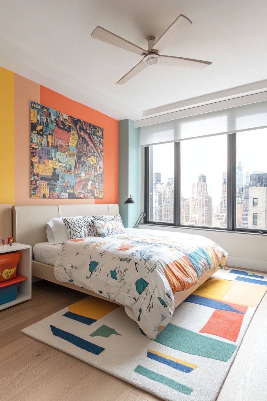 Superhero-themed kids' room with bold colors and comic book decor