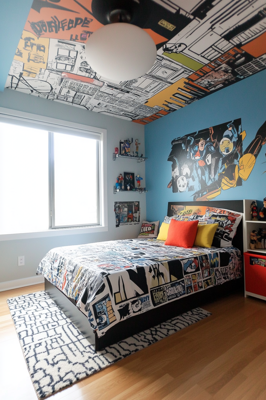 Superhero-themed kids' room with bold colors and comic book decor