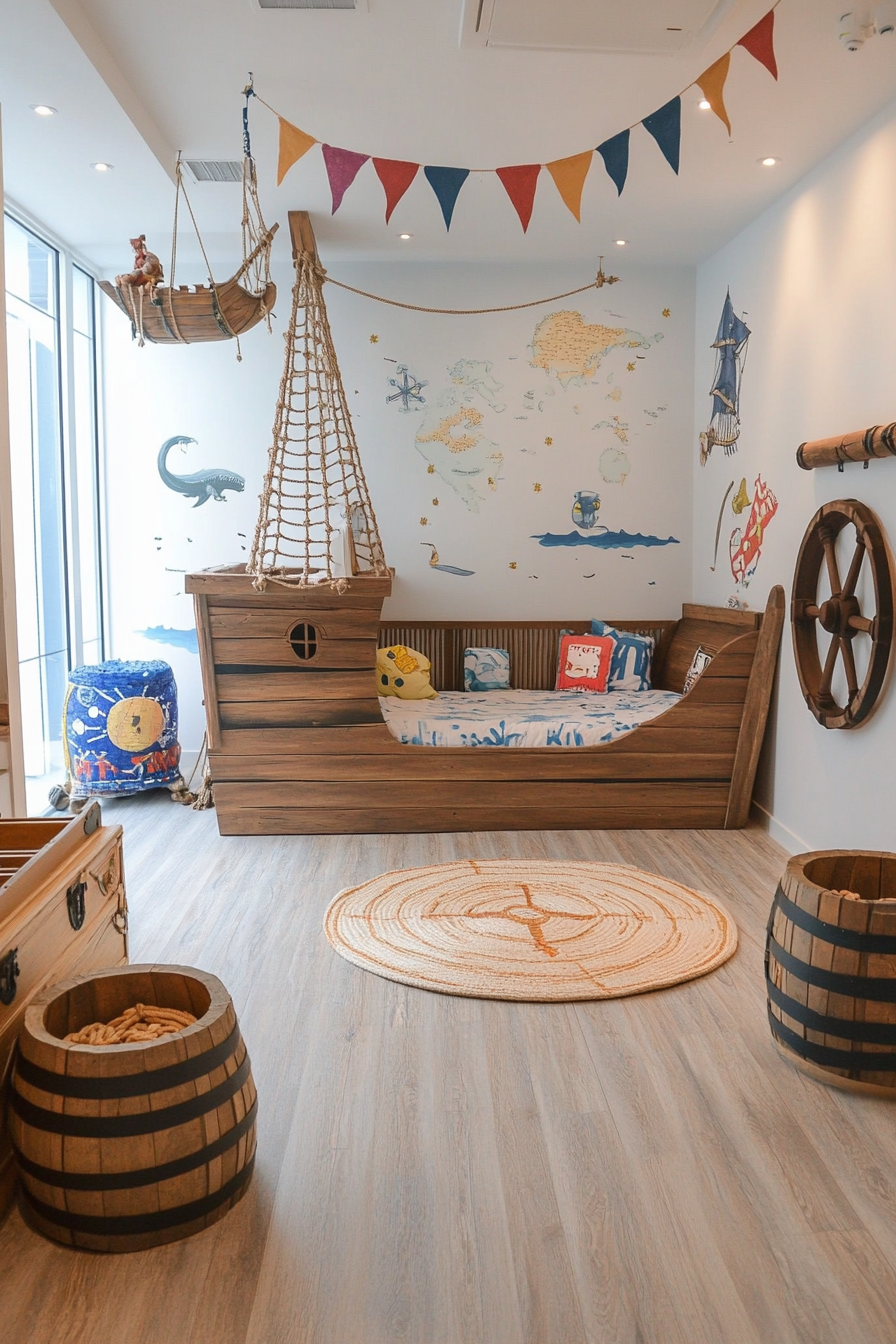 Pirate-themed kids' room with nautical colors and pirate ship decor