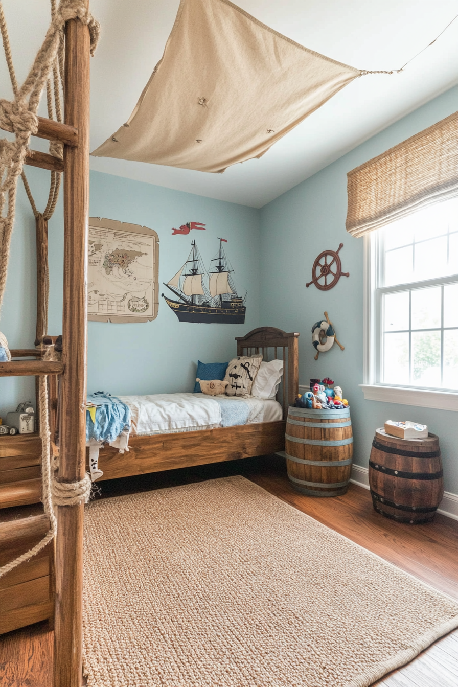 Pirate-themed kids' room with nautical colors and pirate ship decor