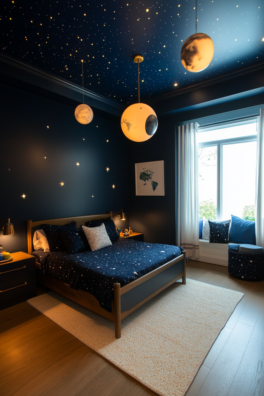 Outer space-themed kids' room with dark blues and star decals