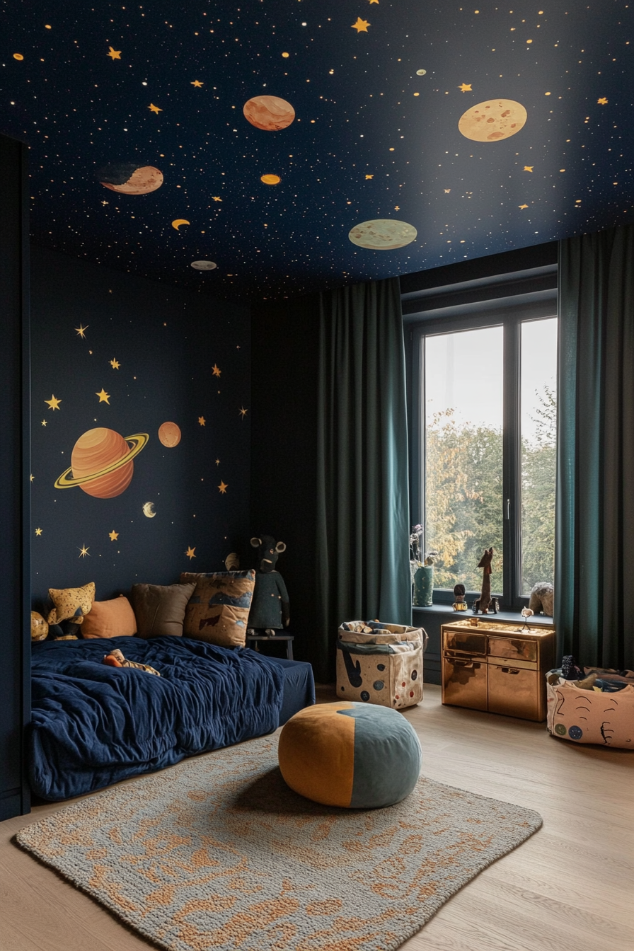 Outer space-themed kids' room with dark blues and star decals