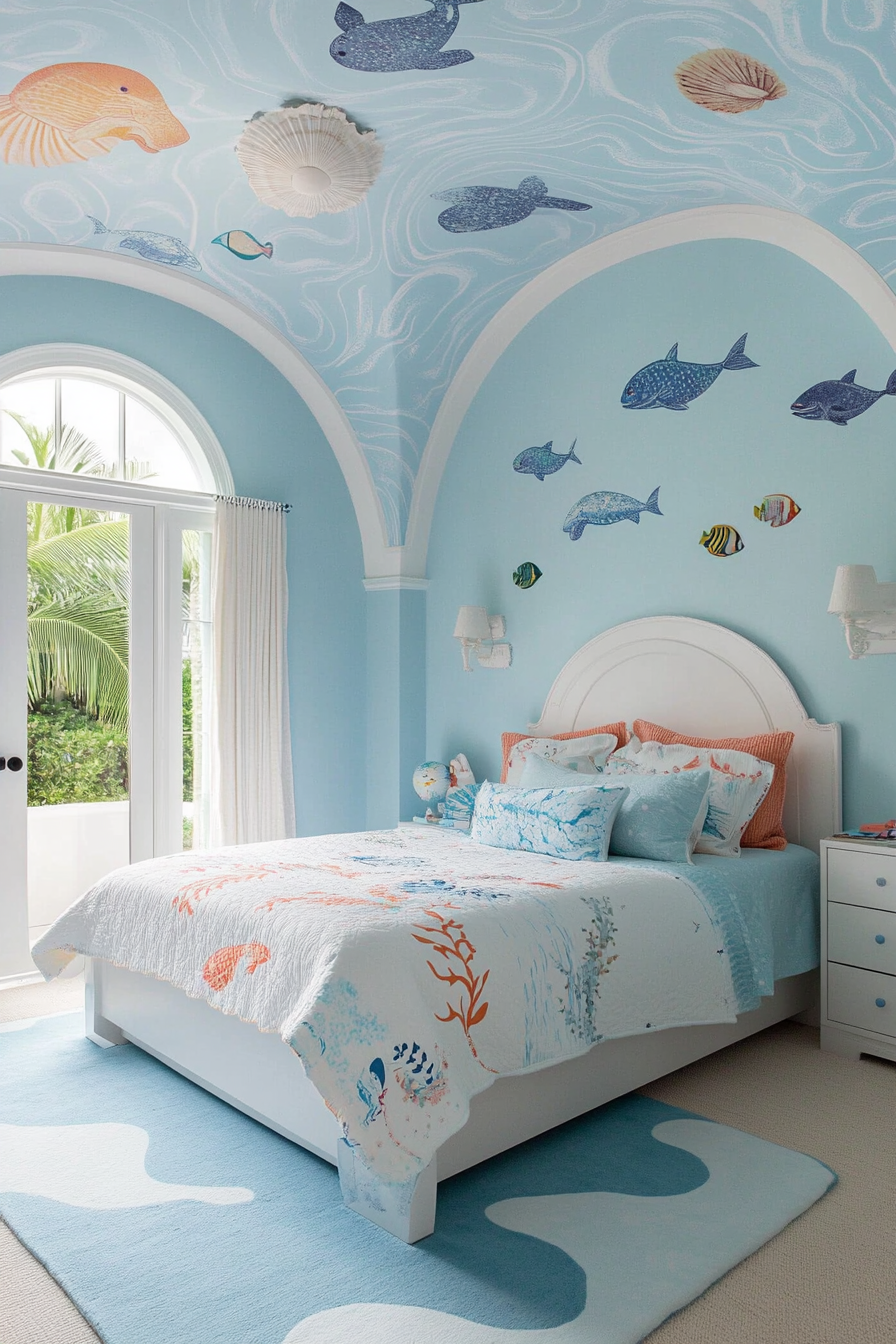 Mermaid-themed kids' room with blue and turquoise decor
