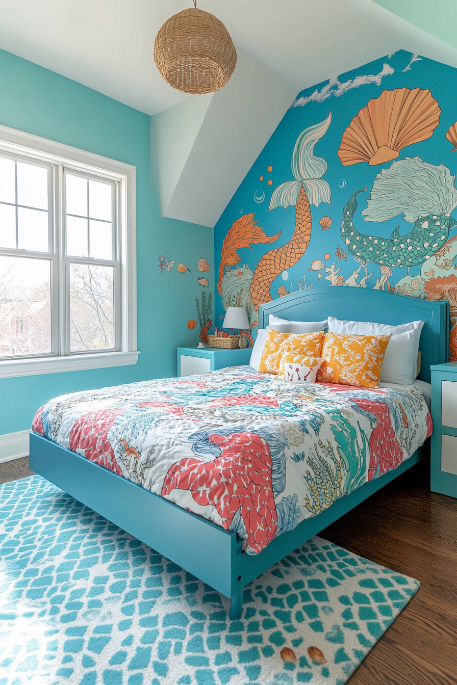 Mermaid-themed kids' room with blue and turquoise decor