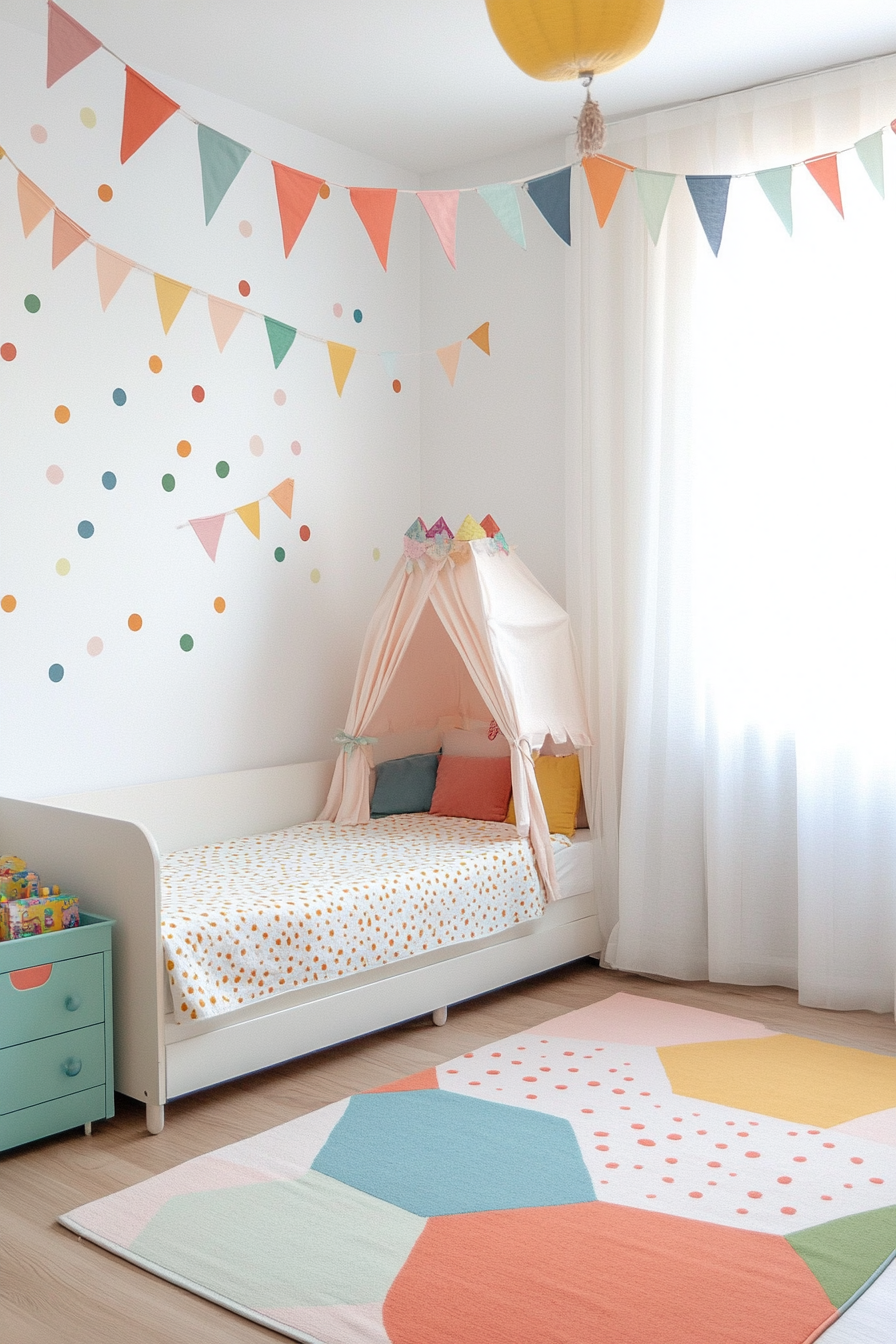 Birthday-themed kids' room with pastel colors and festive decorations
