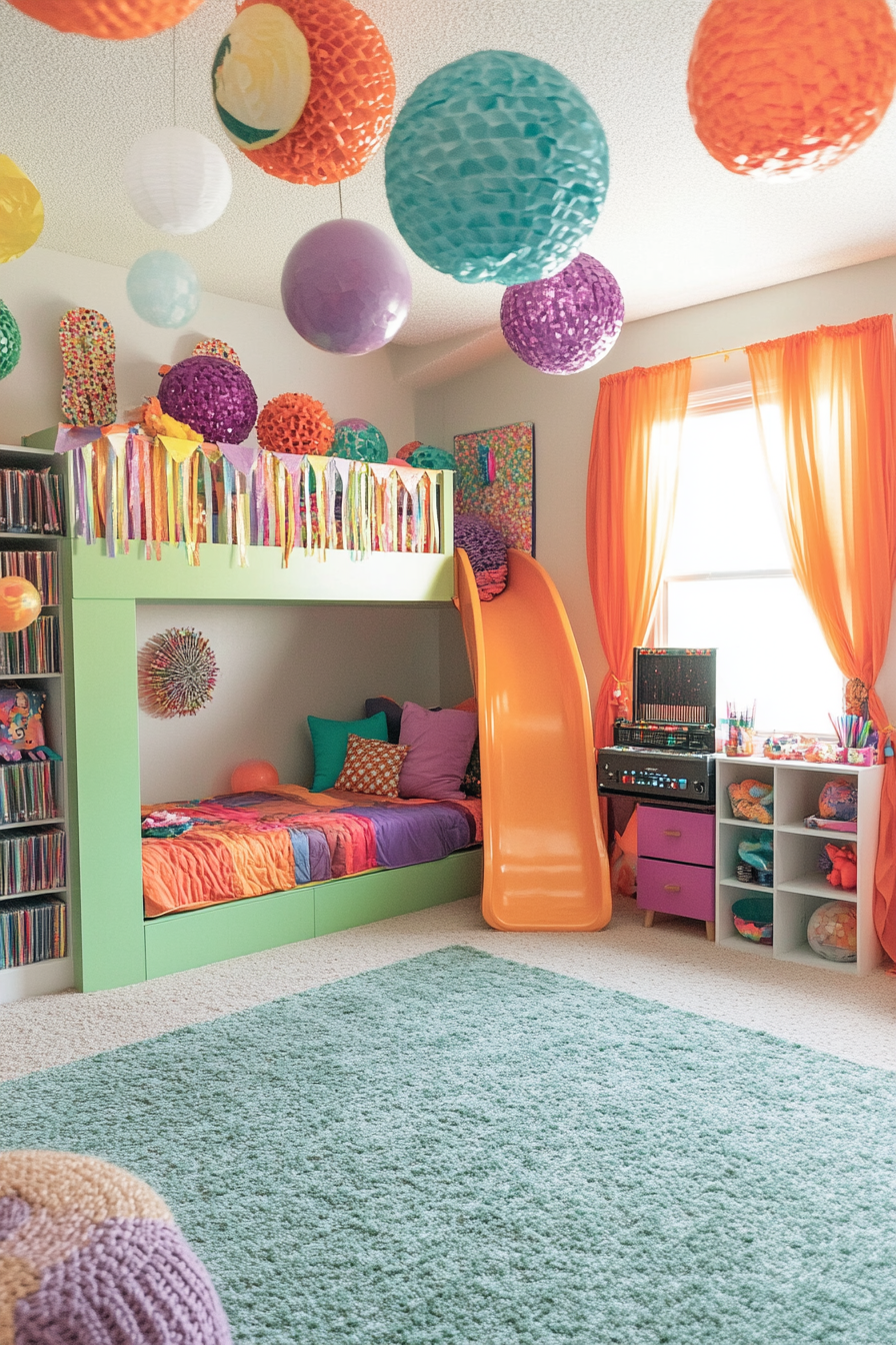 Party-themed kids' room with vibrant colors and festive decorations