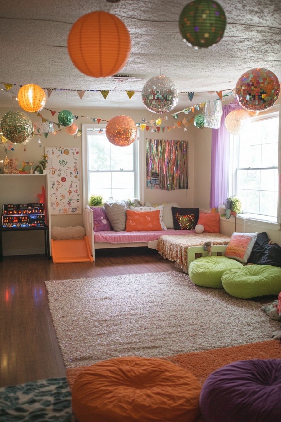 Party-themed kids' room with vibrant colors and festive decorations