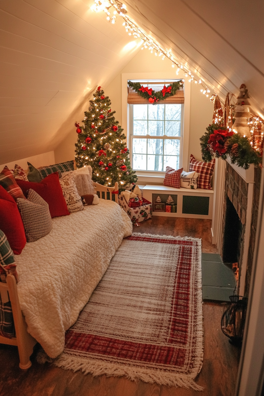 Christmas-themed kids' room with red, green, and white decorations