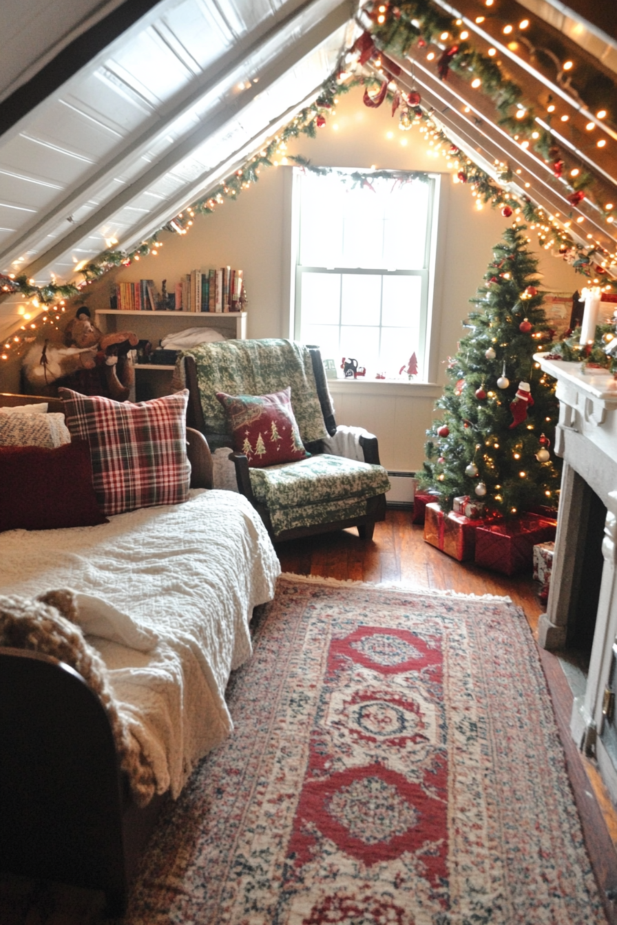 Christmas-themed kids' room with red, green, and white decorations