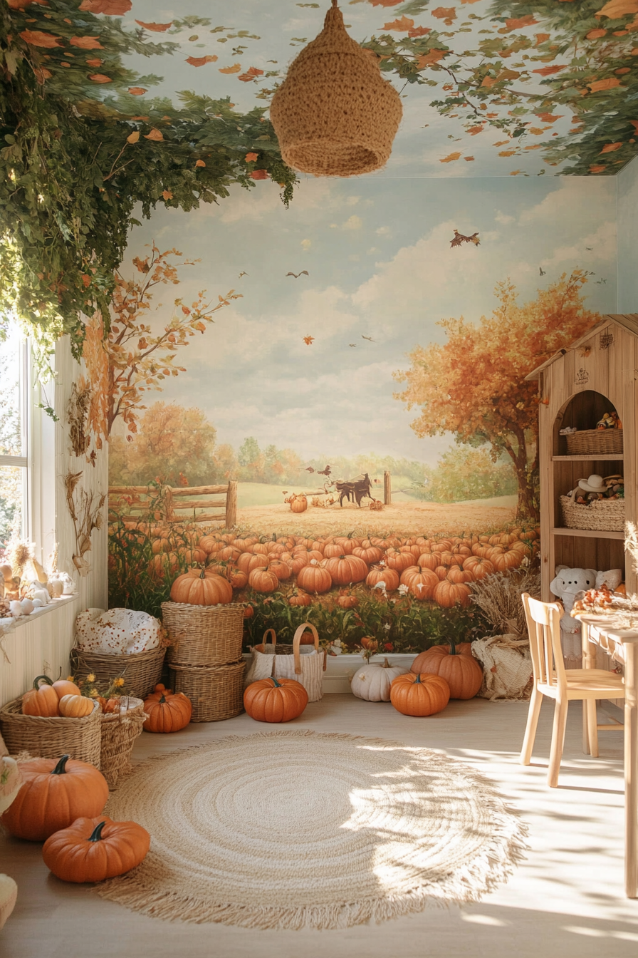 Pumpkin-themed kids' room with warm, earthy tones