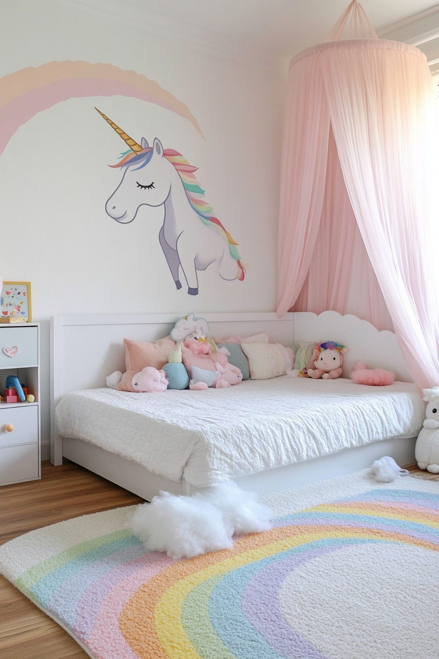 Unicorn-themed kids' room with pastel colors and whimsical decor