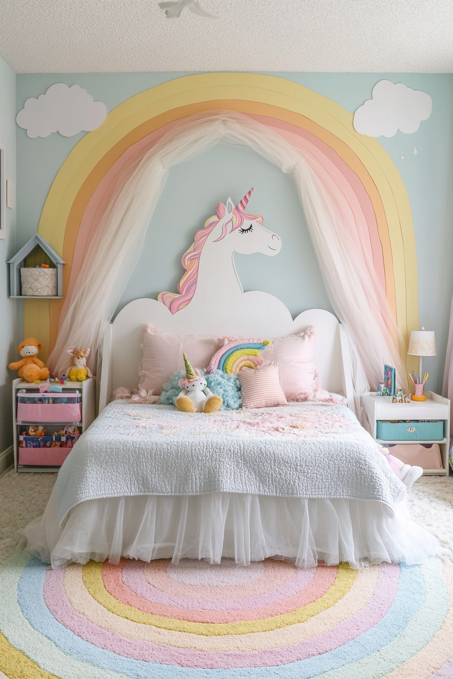 Unicorn-themed kids' room with pastel colors and whimsical decor