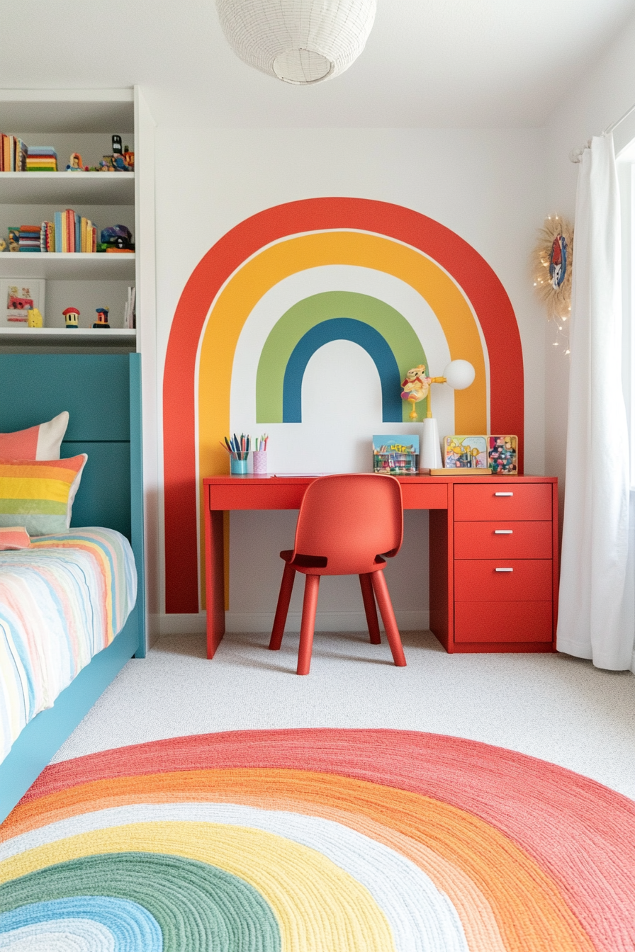 Rainbow-themed kids' room with vibrant, colorful decor