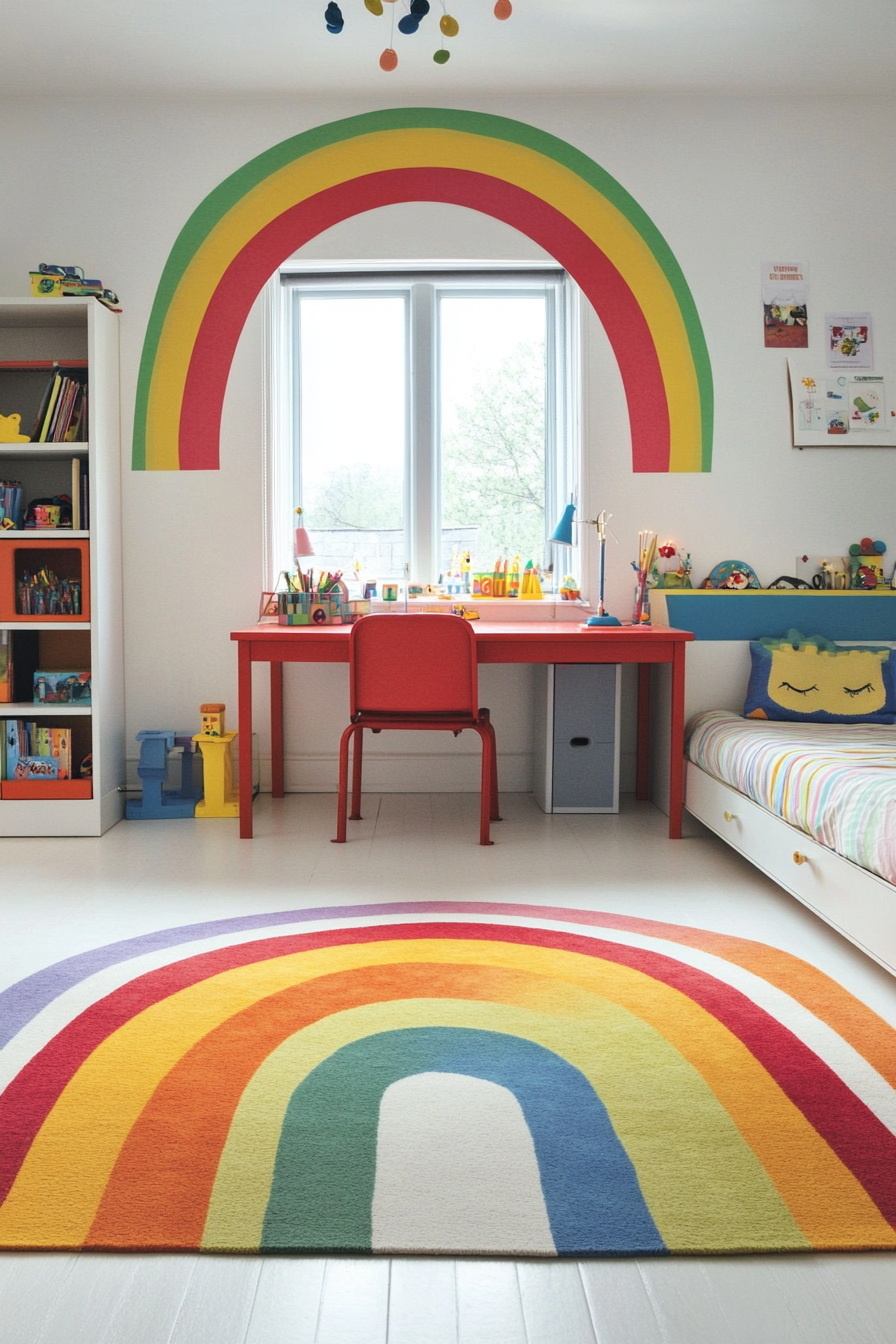 Rainbow-themed kids' room with vibrant, colorful decor