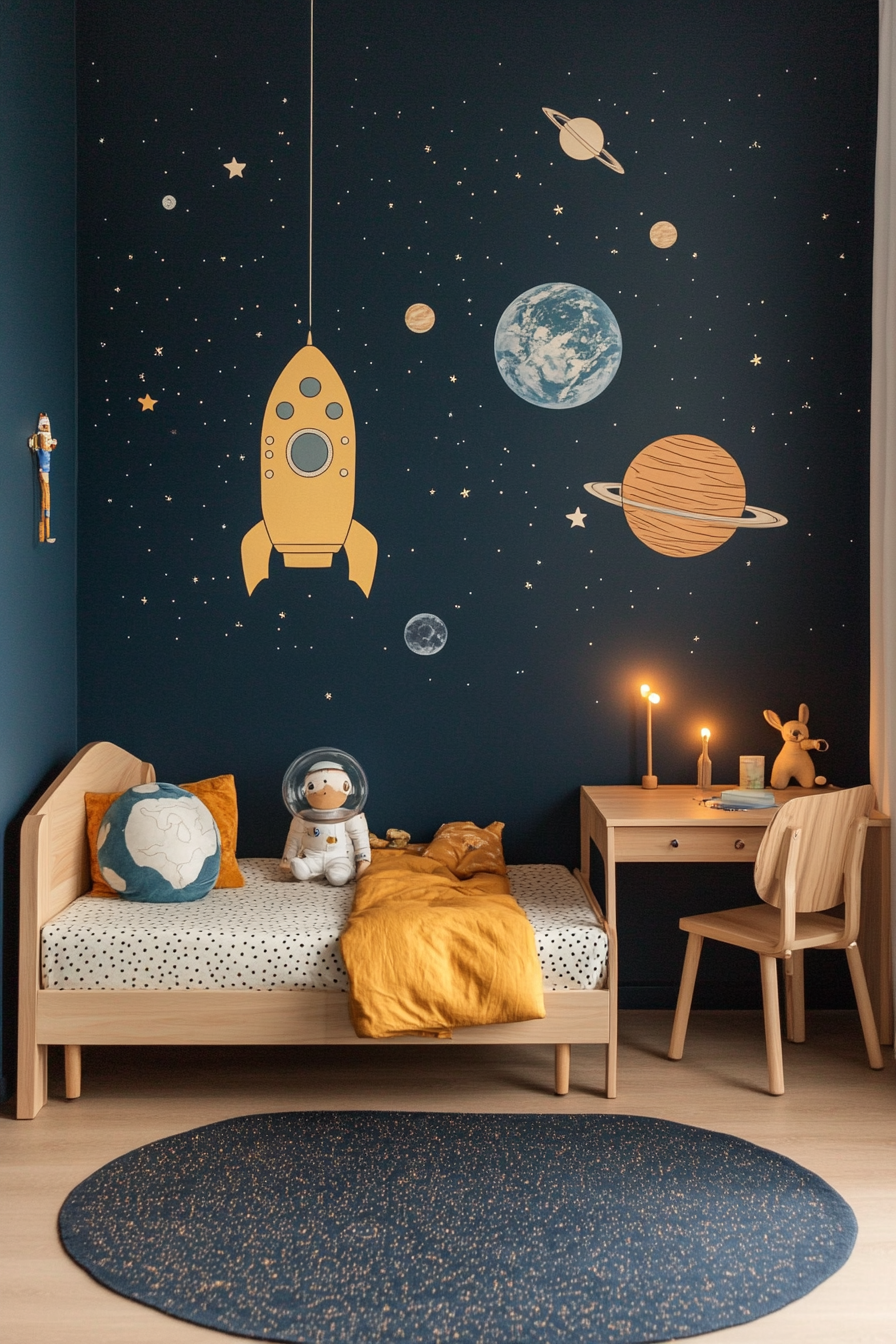 Space-themed kids' room with dark blue walls and glow-in-the-dark stars