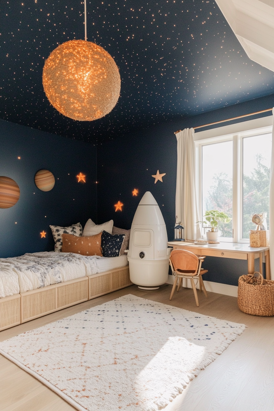 Space-themed kids' room with dark blue walls and glow-in-the-dark stars