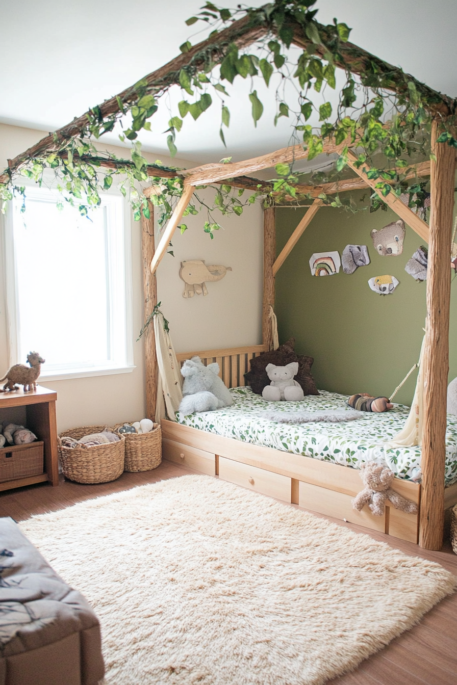 Jungle-themed kids' room with green and brown decor
