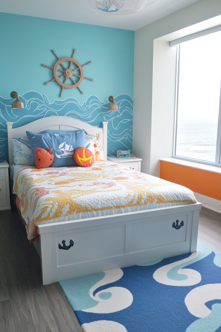 Ocean-themed kids' room with blue and turquoise decor