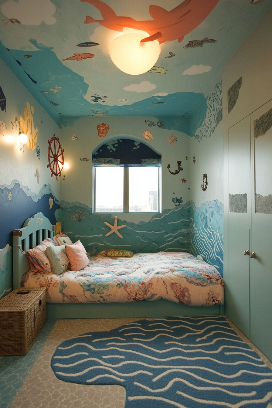 Ocean-themed kids' room with blue and turquoise decor