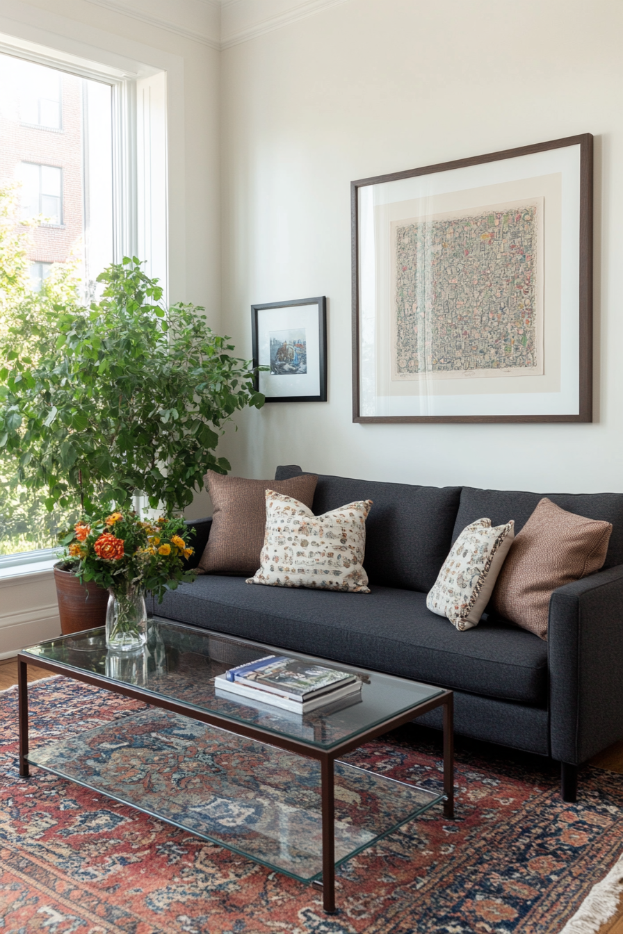 Dark grey couch in a modern lounge room
