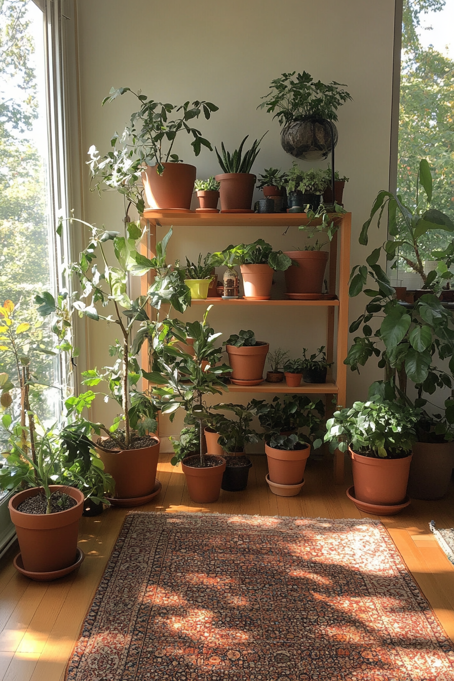 Large floor plants and smaller potted plants in a lounge room