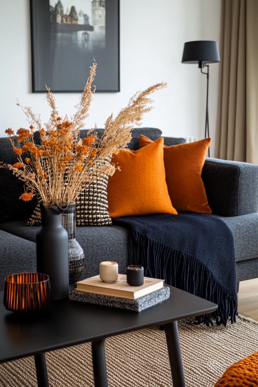 Lounge room with various cushions and throws