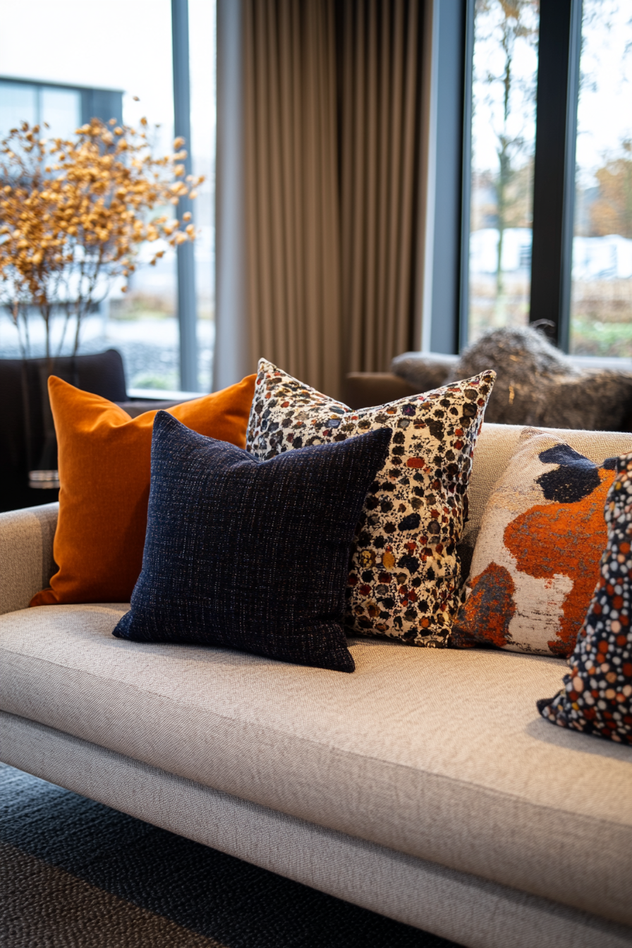 Cushions and throws with various patterns, colors, and textures